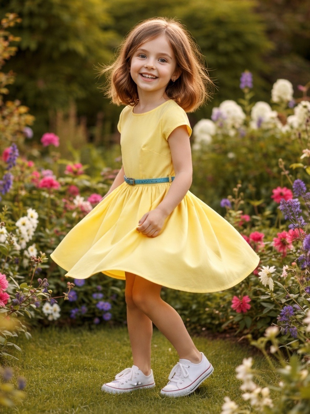 NWT B. Darlin Girls Yellow Cotton Dress with Blue Belt Retro Cottagecore 5/6